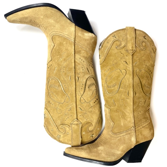 Zara Embroidered Taupe/Tan Suede 15.5” Pull-On Boots, Size 7.5 - Picture 6 of 15